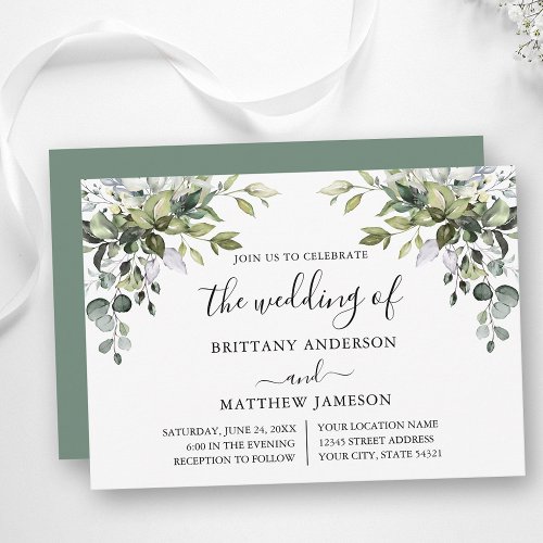 Watercolor Greenery Calligraphy Sage Green Wedding Invitation