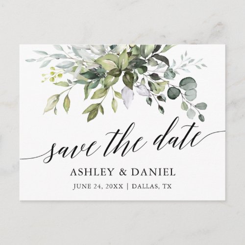Watercolor Greenery Calligraphy Save The Date Postcard