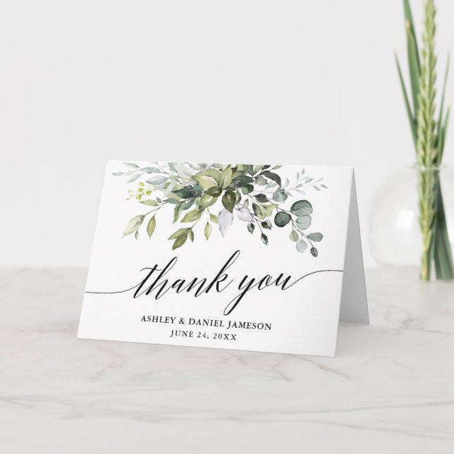 Watercolor Greenery Calligraphy Wedding Fold Thank You Card (Front)