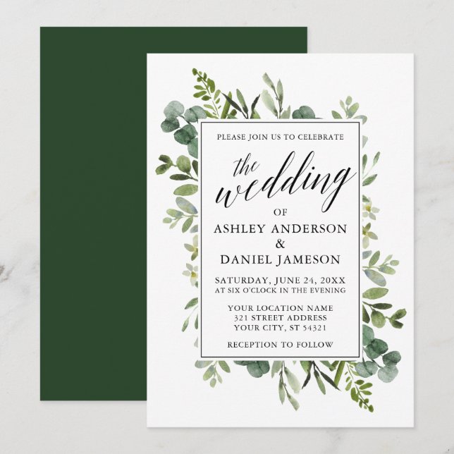 Watercolor Greenery Calligraphy Wedding Invitation (Front/Back)