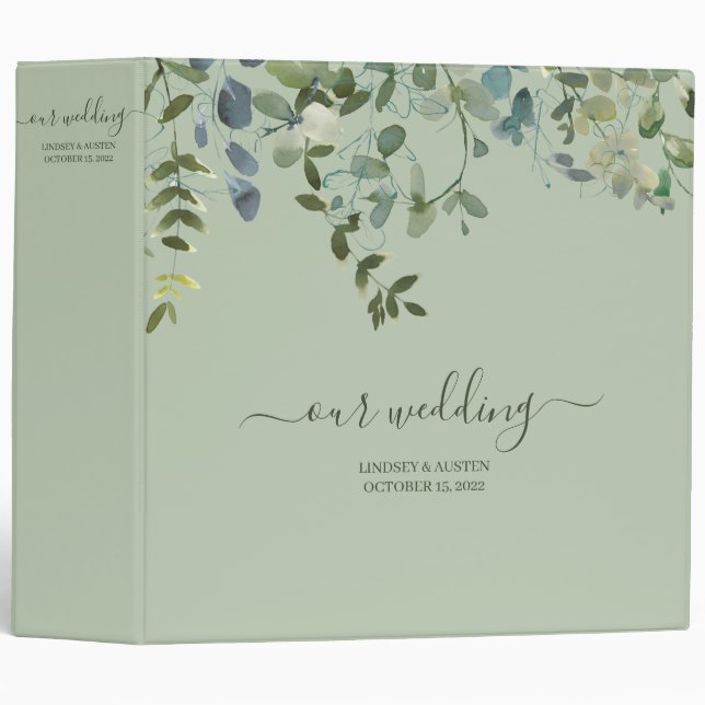 Watercolor Greenery Calligraphy Wedding Planner 3  3 Ring Binder (Front/Spine)