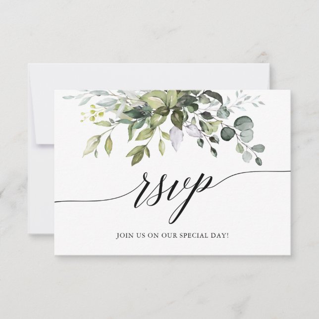 Watercolor Greenery Calligraphy Wedding RSVP Card (Front)