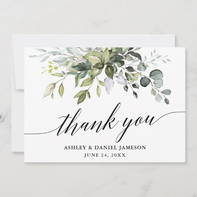 Watercolor Greenery Calligraphy Wedding Thank You Card (Front)