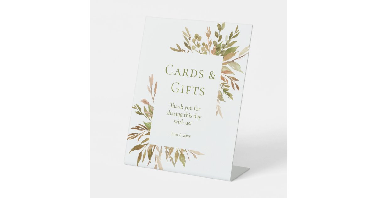 Watercolor Greenery Cards and Gifts Pedestal Sign | Zazzle