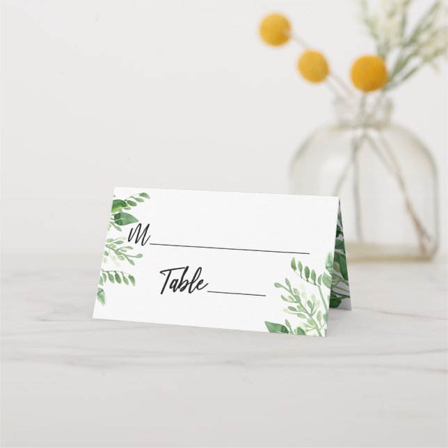 Watercolor Greenery, Casual Handwriting Typography Place Card (Front)