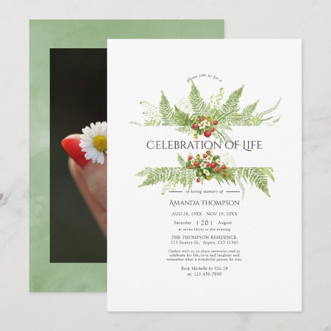 Watercolor Greenery Celebration of Life Photo Invitation (Front/Back)