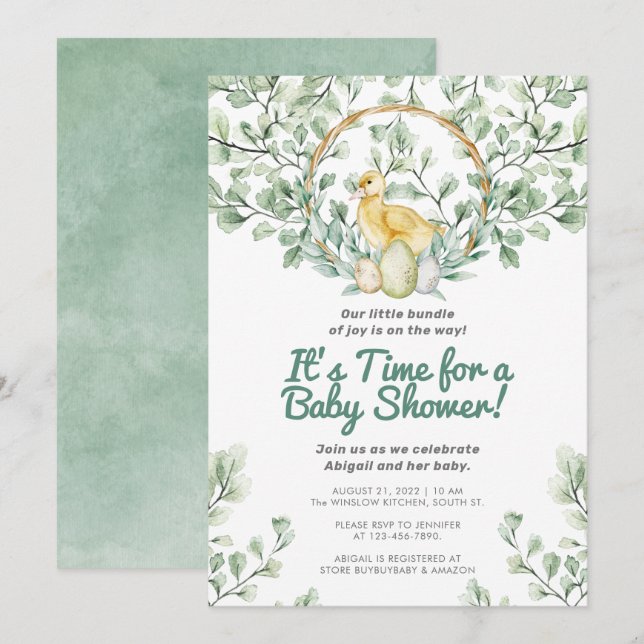 Watercolor Greenery Chick & Nest Baby Shower Invitation (Front/Back)