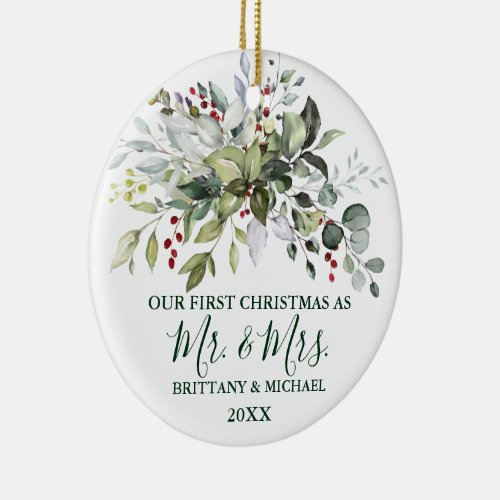 Watercolor Greenery Christmas Berries PHOTO BACK Ceramic Ornament