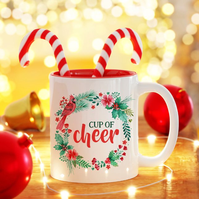 Watercolor Greenery Christmas Cup of Cheer (Watercolor Christmas Wreath with Cardinal Bird Two-Tone Coffee Mug)