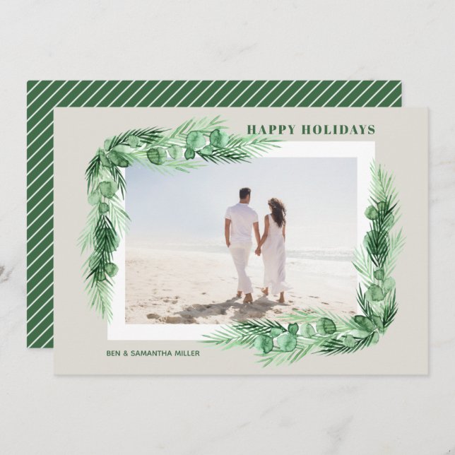 Watercolor Greenery Christmas Photo Happy Holiday Card (Front/Back)