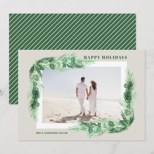 Watercolor Greenery Christmas Photo Happy Holiday Card