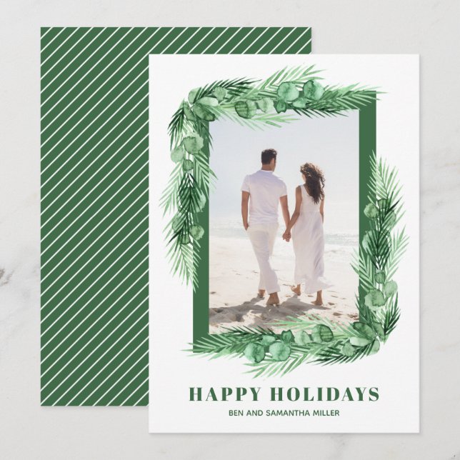 Watercolor Greenery Christmas Photo Holiday Card (Front/Back)