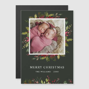 Watercolor Greenery Christmas Photo Magnetic Card