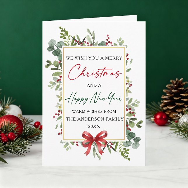 Watercolor Greenery Christmas Red Bow New Year Holiday Card (Customize to add text to inside of card.)