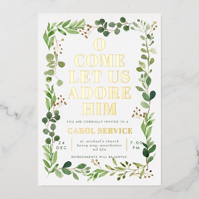 Watercolor Greenery Church Christmas Carol Service Foil Invitation (Front)