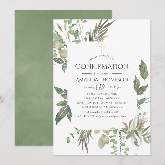 Watercolor Greenery Confirmation Invitation (Front/Back)