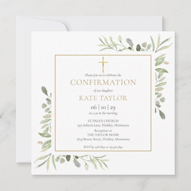 Watercolor Greenery Confirmation Square Invitation (Front)