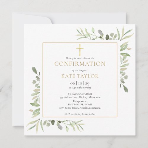 Watercolor Greenery Confirmation Square Invitation