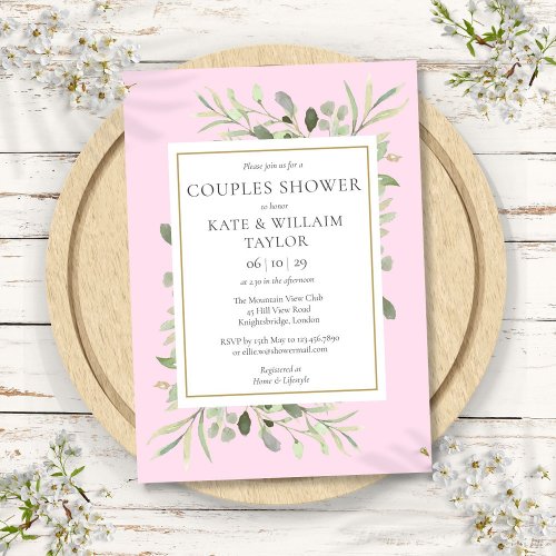 Watercolor Greenery Couples Pink Baby Girl Shower Invitation