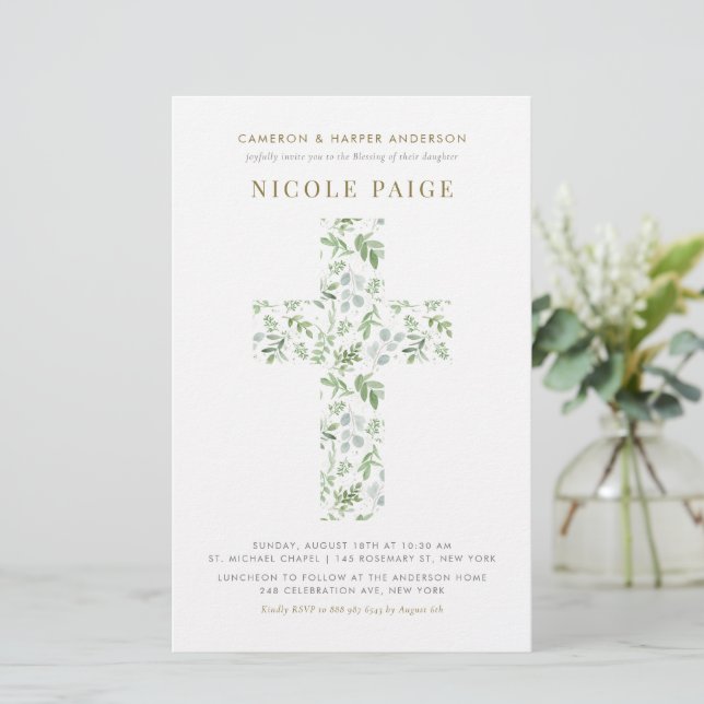 Watercolor Greenery Cross Baby Blessing Invitation (Standing Front)