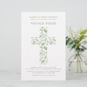 Watercolor Greenery Cross Baptism Invitation