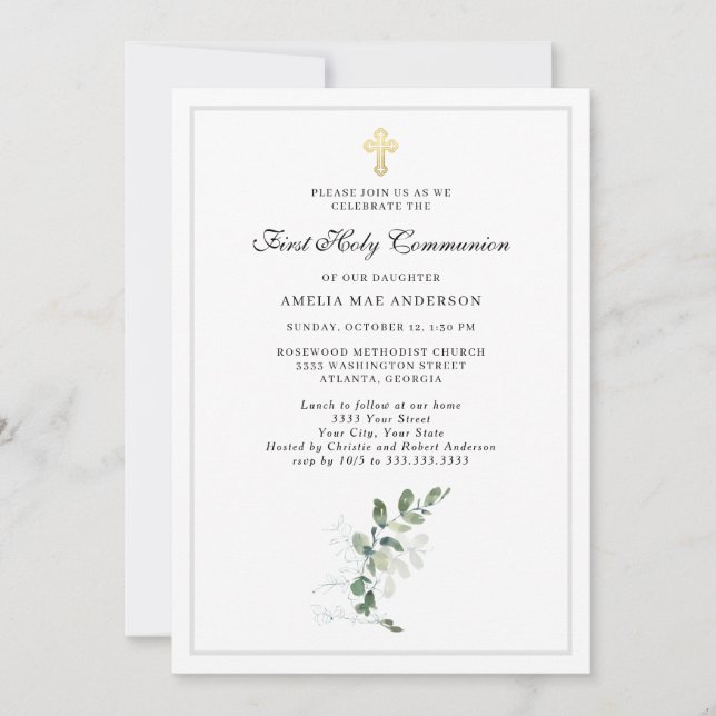 Watercolor Greenery Cross First Holy Communion Invitation (Front)