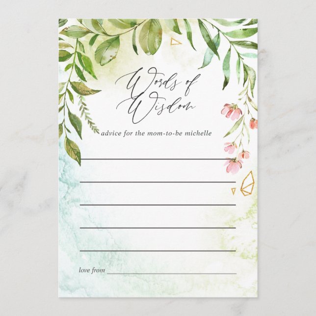 Watercolor Greenery Crystal Bridal Advice Card (Front)