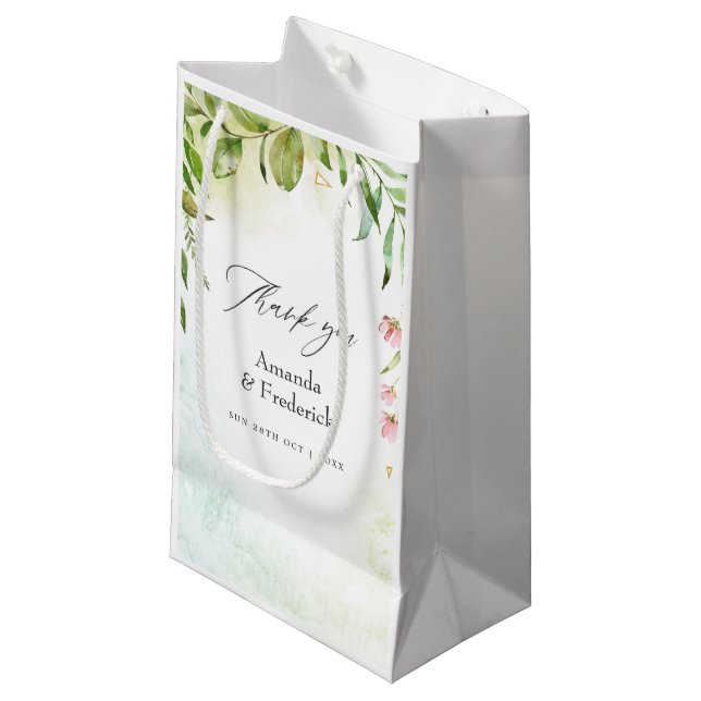 Watercolor Greenery Crystal Wedding Small Gift Bag (Front Angled)