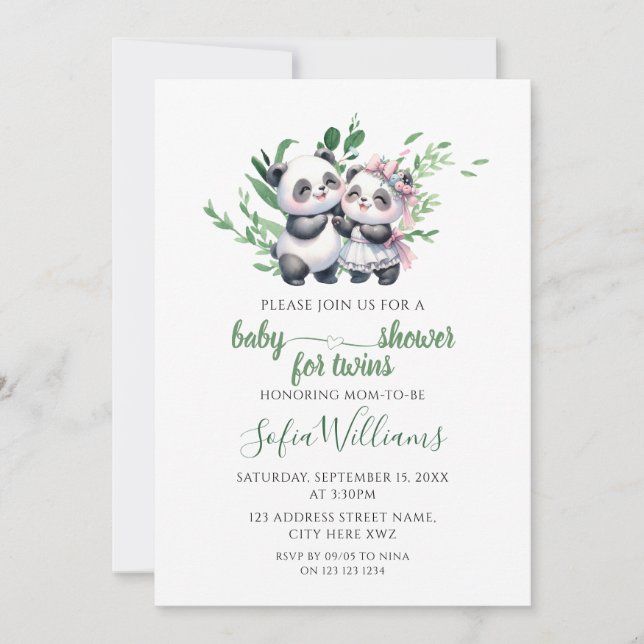 Watercolor Greenery Cute Panda Twins Baby Girl Boy Invitation (Front)