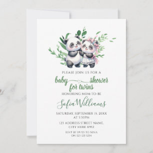Watercolor Greenery Cute Panda Twins Baby Girl Boy Invitation