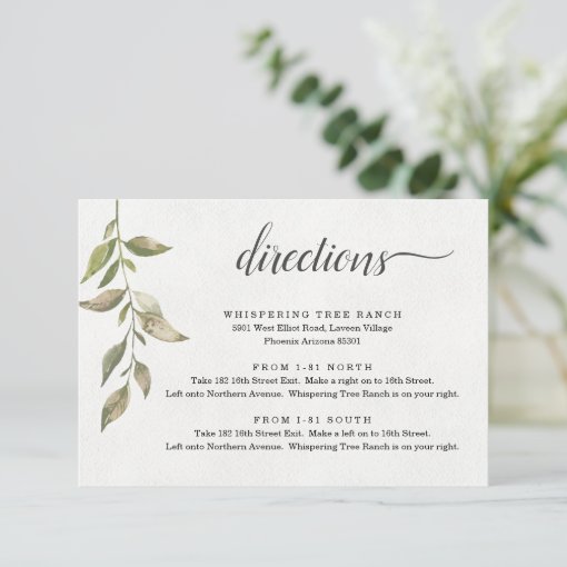 Watercolor Greenery Directions Enclosure Card Zazzle