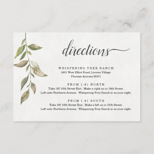 Watercolor Greenery Directions Enclosure Card - Watercolor Greenery Directions Enclosure Card - Use a wonderfully elegant backdrop to communicate directions to your guests.  Delicate greenery on a solid white background contrast nicely with the green watercolors on the reverse side.