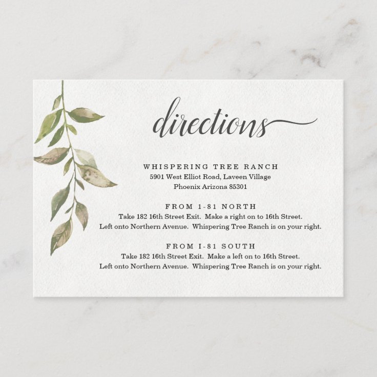Watercolor Greenery Directions Enclosure Card Zazzle