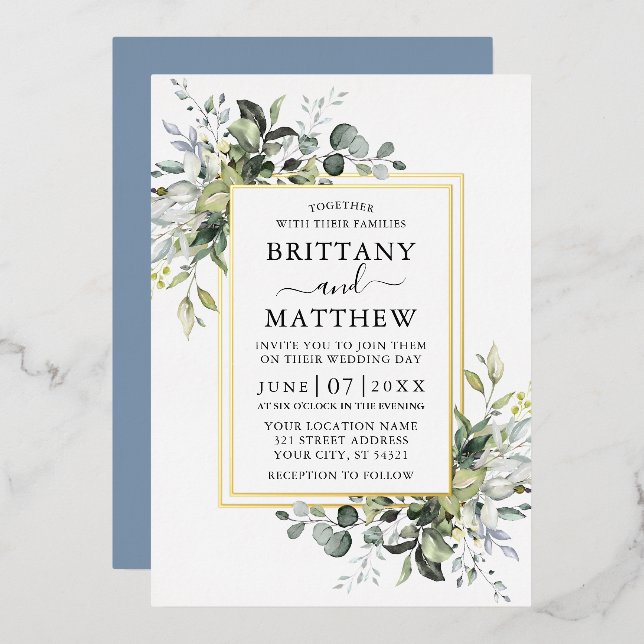 Watercolor Greenery Dusty Blue 2 Frame Gold Foil Invitation (Front/Back)