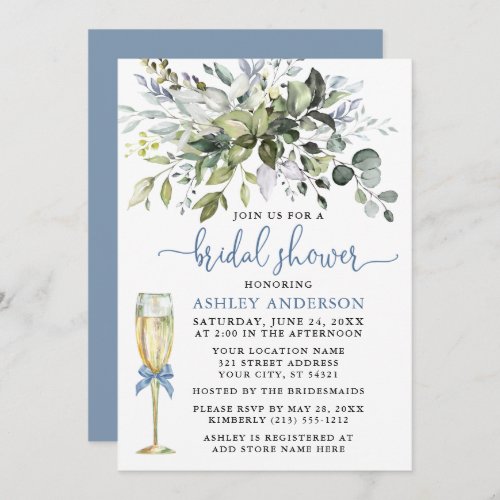 Watercolor Greenery Dusty Blue Bow Glass Shower Invitation