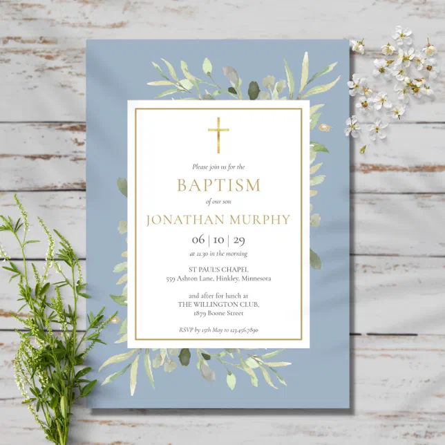 Watercolor Greenery Dusty Blue Boy Baptism Invitation | Zazzle