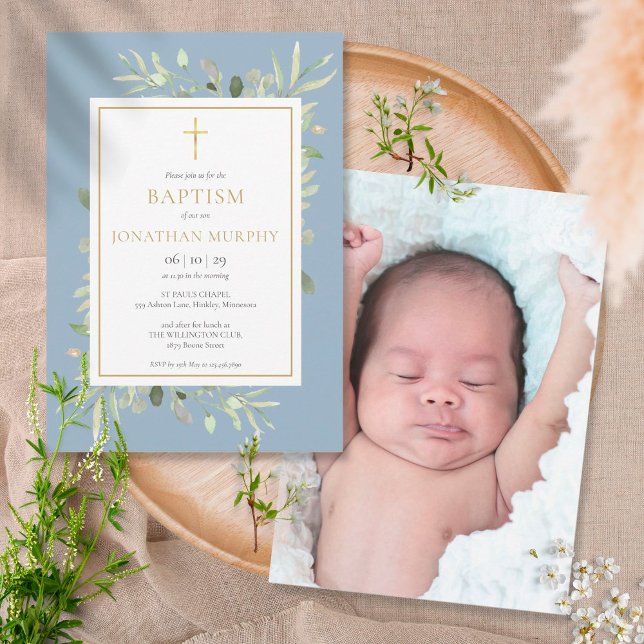 Watercolor Greenery Dusty Blue Boy Baptism Photo Invitation (Creator Uploaded)