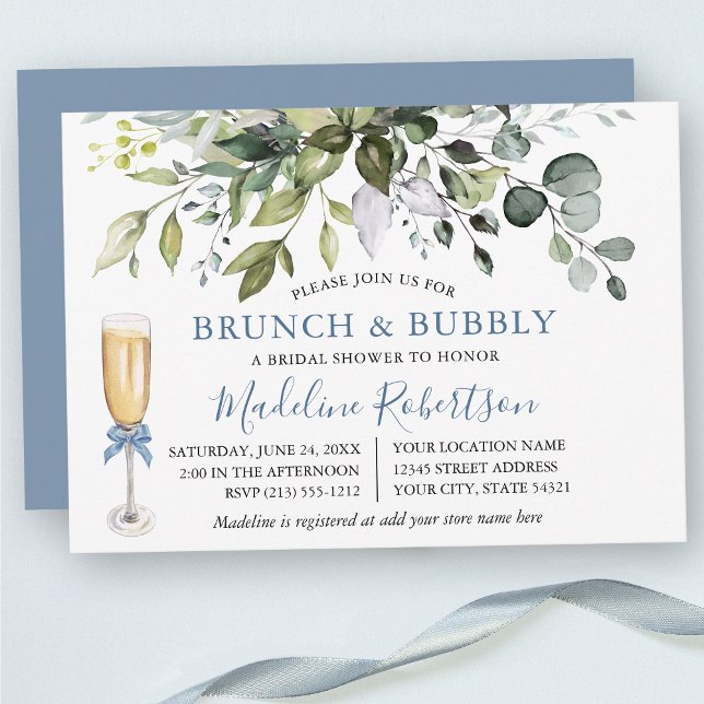 Watercolor Greenery Dusty Blue Bridal Brunch Invitation (Customize to change text color, text style or color of back of card.)