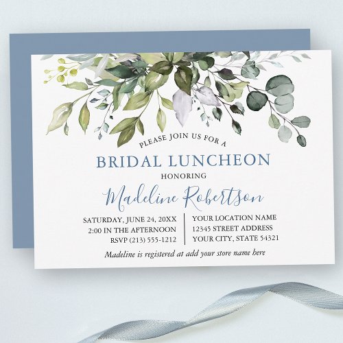 Watercolor Greenery Dusty Blue Bridal Luncheon Invitation