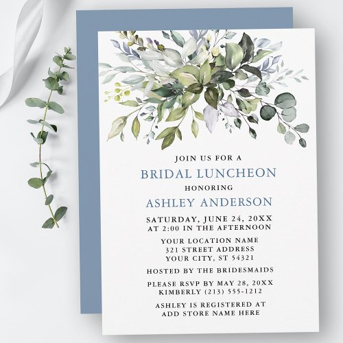Watercolor Greenery Dusty Blue Bridal Luncheon Invitation