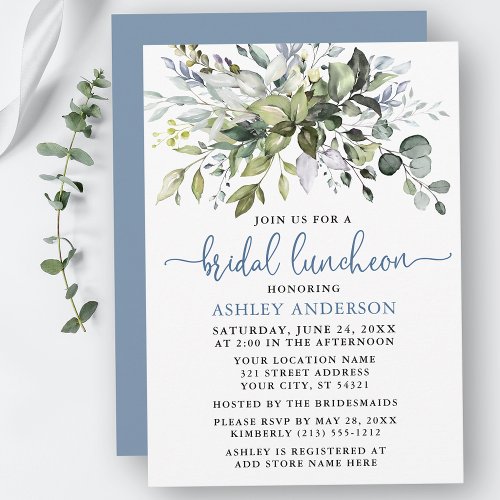 Watercolor Greenery Dusty Blue Bridal Luncheon Invitation