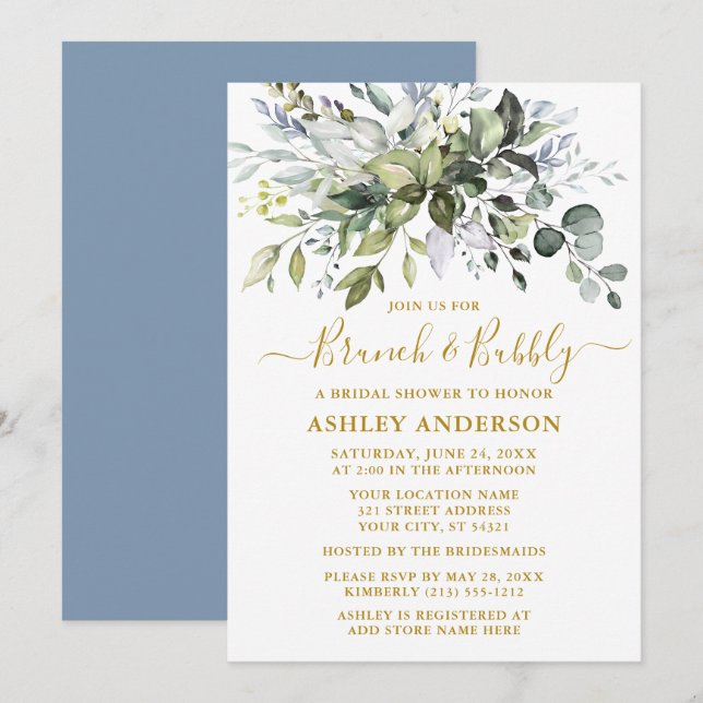 Watercolor Greenery Dusty Blue Bridal Shower Gold Invitation (Front/Back)