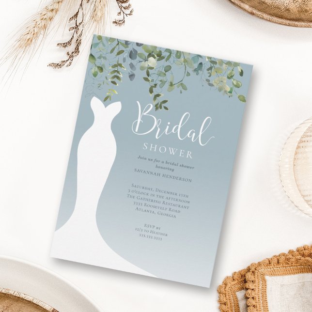Watercolor Greenery Dusty Blue Bridal Shower Invitation (Creator Uploaded)