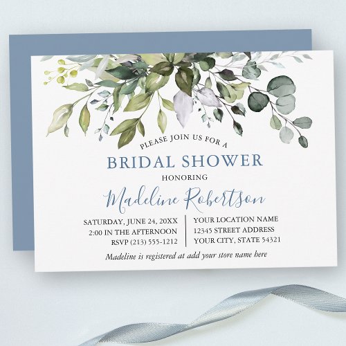 Watercolor Greenery Dusty Blue Bridal Shower Invitation