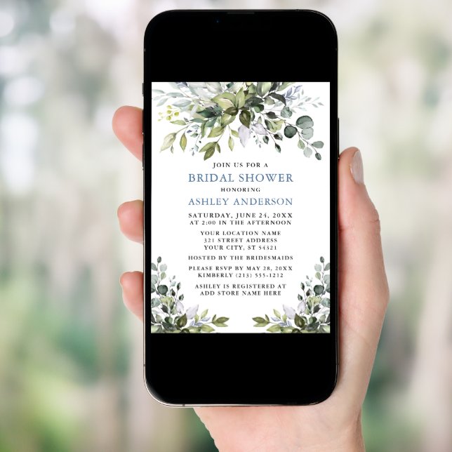 Watercolor Greenery Dusty Blue Bridal Shower Invitation (Front Digital)