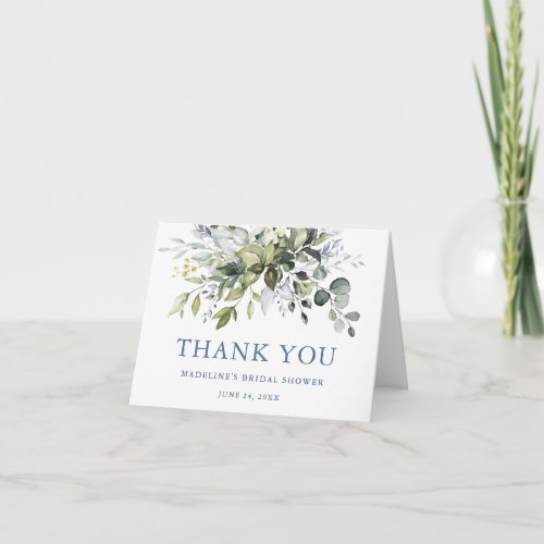 Watercolor Greenery Dusty Blue Bridal Shower Note Thank You Card