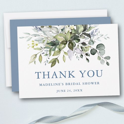 Watercolor Greenery Dusty Blue Bridal Shower  Thank You Card