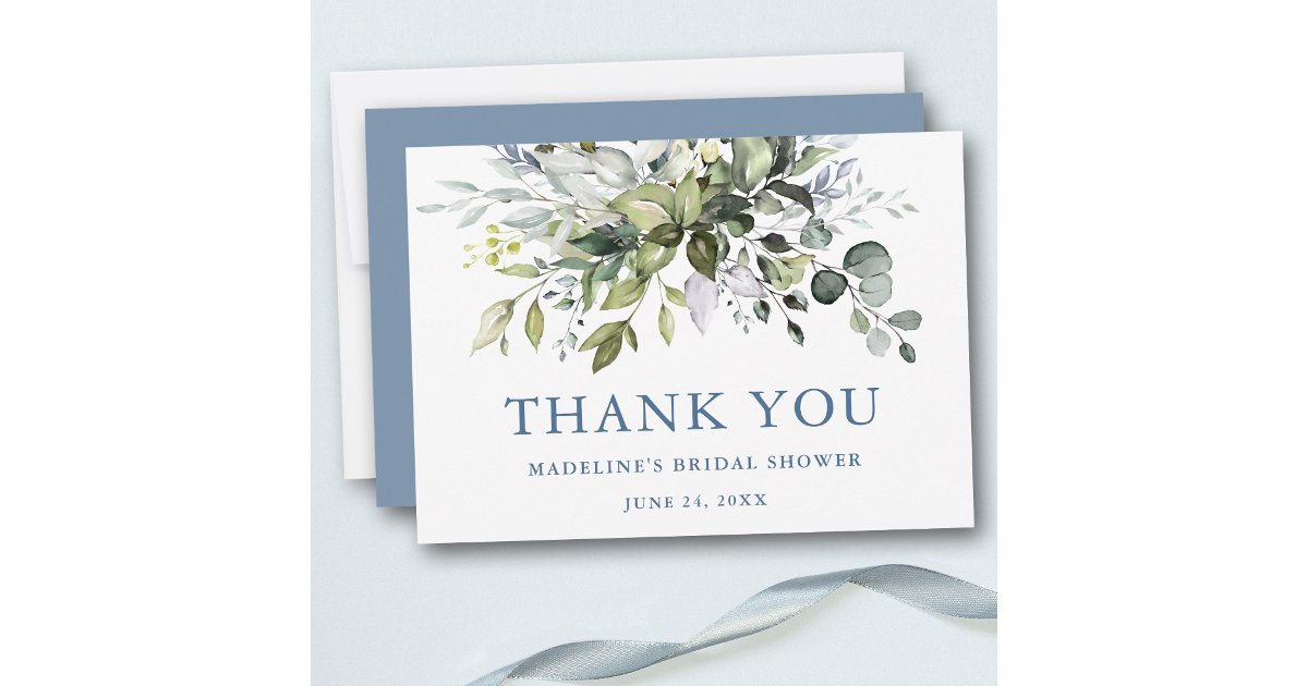 Watercolor Greenery Dusty Blue Bridal Shower Thank You Card | Zazzle