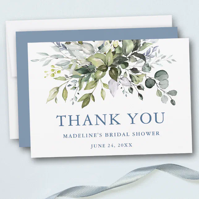 Watercolor Greenery Dusty Blue Bridal Shower Thank You Card | Zazzle