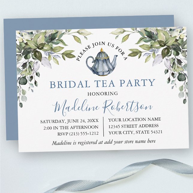 Watercolor Greenery Dusty Blue Bridal Tea Party Invitation (Customize to change text color, text style or color of back of card.)